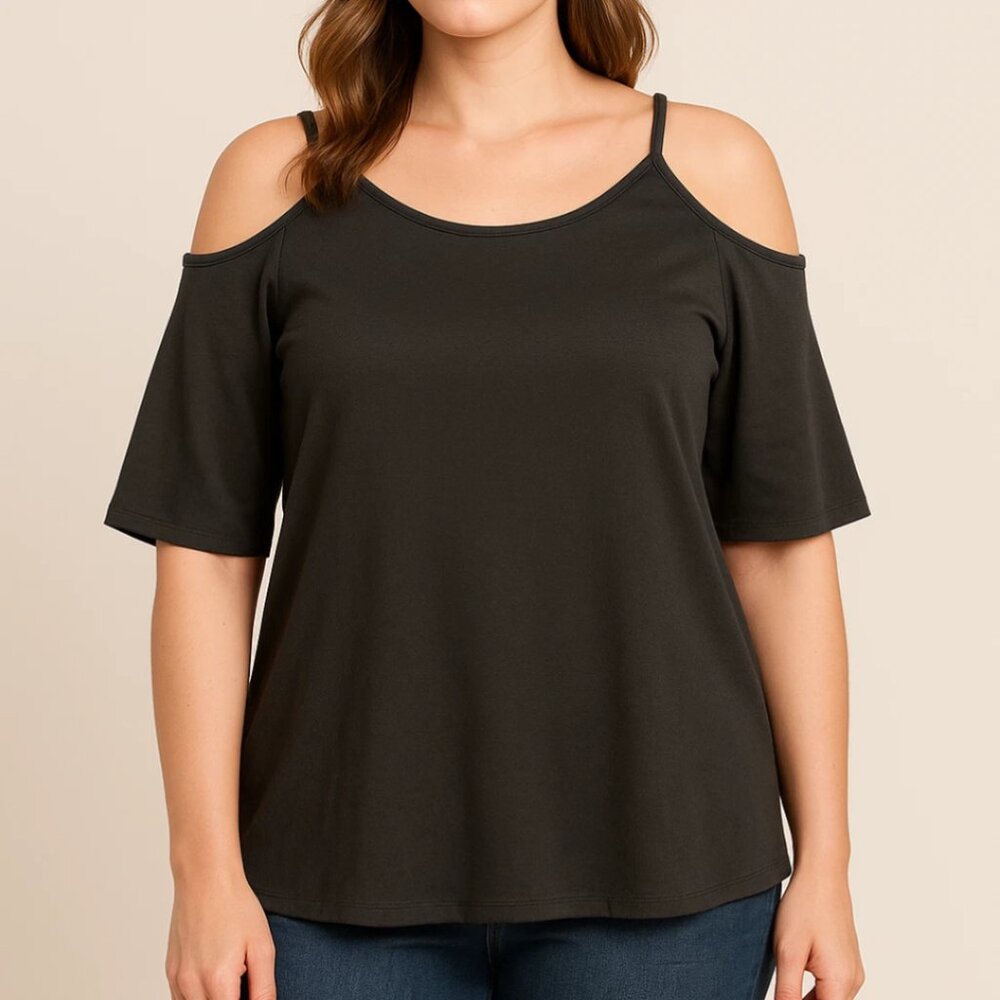 Diana Belle Top Women’s Pullover Knit Sz 2X Black Cold Shoulder 3/4 Sleeve